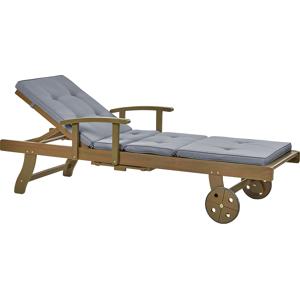 Beliani Garden Sun Lounger Dark Acacia Wood Natural with Grey Cushion Adjustable Backrest Inbuilt Castors Rustic Traditional Style Material:Acacia Wood Size:196x35-74x64