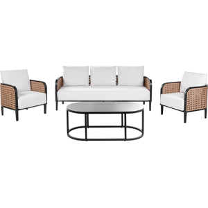 Beliani Garden Sofa Set Black Aluminium Frame Off-White Water Repellent Fabric Cushions 3 Seater Set with Coffee Table and Armchairs Material:Aluminium Size:xx