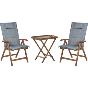 Beliani Garden Bistro Set Dark Solid Acacia Wood with Grey Cushions Table 2 Chairs Adjustable Backrest Folding Rustic Style Balcony Furniture Material:Acacia Wood Size:xx