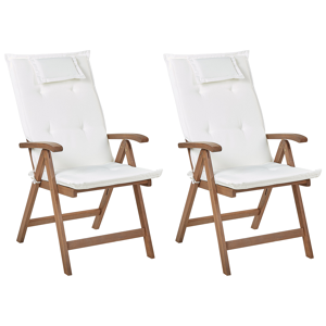 Beliani Set of 2 Garden Chair Dark Acacia Wood Natural with Off-White Cushions Adjustable Foldable Outdoor with Armrests Country Rustic Style Material:Acacia Wood Size:69x105x54
