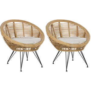 Beliani Set of 2 Chair Natural Rattan Light Beige Cotton Cushion Iron Legs Medium Resistance Indoor Outdoor Boho Style Garden Patio Balcony Material:Rattan Size:85x85x85