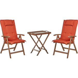 Beliani Garden Bistro Set Dark Solid Acacia Wood with Red Cushions Table 2 Chairs Adjustable Backrest Folding Rustic Style Balcony Furniture Material:Acacia Wood Size:xx