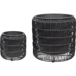 Beliani Set of 2 Plant Pots Black PE Rattan Round Indoor Outdoor with Plastic Insert Material:PE Rattan Size:26/45x29/46x26/45