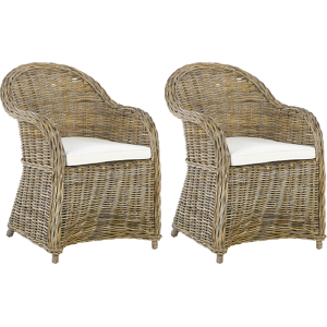 Beliani Set of 2 Garden Armchairs Natural Rattan with Cotton Seat Cushion Off-White Indoor Outdoor Material:Rattan Size:67x87x54