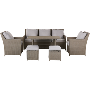 Beliani Garden Sofa Set Grey PE Rattan Taupe Cushions 5 Seater Sofa Rectangular Table 2 Armchairs 2 Ottomans Outdoor Dining Set Material:PE Rattan Size:xx