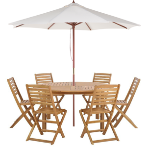 Beliani 7 Piece Garden Dining Set Light Acacia Wood Round Table and 6 Folding Slatted Chairs Parasol (12 Options) Material:Acacia Wood Size:xx