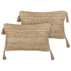 Beliani Set of 2 Decorative Cushions Beige Jute 30 x 50 cm Woven Removable with Zipper Tassels Rectangular Boho Decor Accessories Material:Jute Size:50x10x30