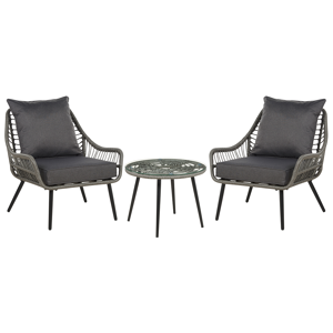 Beliani Balcony Bistro Set Grey Faux Rattan Coffee Table and 2 Chairs with Cushions Outdoor Garden Seating Material:PE Rattan Size:xx