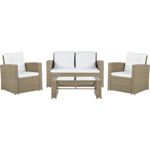 Beliani Garden Sofa Set Light Brown Faux Rattan with Beige Cushions with Coffee Table 4 Seater  Material:PE Rattan Size:xx