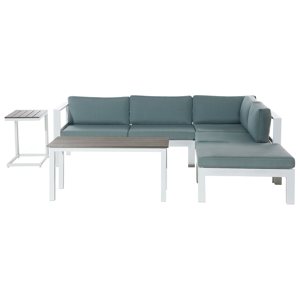 Beliani Garden Corner Sofa Set White with Green Cushions 5 Seater Slatted Table Modern Scandinavian Outdoor Conversation Set Material:Aluminium Size:xx