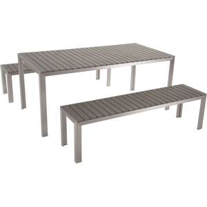 Beliani Garden Dining Set Grey Outdoor 3 Piece Rectangular Table 2 Benches Brushed Aluminium Frame Material:Plastic Wood Size:xx