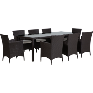 Beliani Garden Dining Set Dark Brown Faux Rattan 8 Seater with Cushions UV Resistant Patio Traditional Material:PE Rattan Size:xx