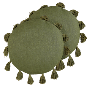 Beliani Set of 2 Decorative Cushions Green Cotton 45 cm Round with Tassels Modern Boho Decor Accessories Material:Cotton Size:45x10x45