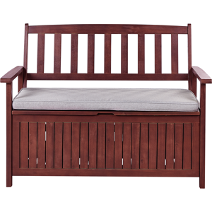 Beliani Garden Bench with Storage Mahogany Grey Solid Acacia Wood White Cushion 120 x 60 cm 2 Seater Outdoor Patio Rustic Traditional Style  Material:Acacia Wood Size:60x91x120