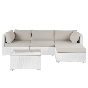 Beliani 2 Piece Garden Sofa Set White w/ Beige Cushions 5 Seater Corner Coffee Table Material:PE Rattan Size:xx