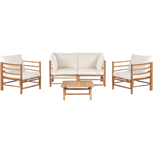 Beliani Garden Modular Sofa Set Off-White Bamboo Cushions 2 Seater Sofa 2 Armchairs with Coffee Table Boho Design Outdoor Conversation Set Material:Bamboo Wood Size:xx