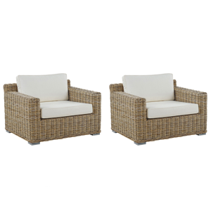 Beliani Set of 2 Garden Armchairs Light Brown Rattan Wicker Outdoor 2 Chairs Set with White Cushions Material:Rattan Size:90x70x112