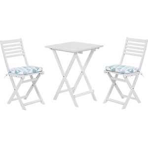 Beliani 3 Piece Bistro Set White Solid Acacia Wood Blue Cushions Folding Slatted Design Scandinavian Modern Material:Acacia Wood Size:xx