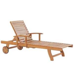 Beliani Garden Sun Lounger Light Acacia Wood Outdoor Weather Resistant Reclining with Wheels Material:Acacia Wood Size:196x35-74x64