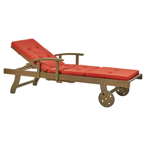 Beliani Garden Sun Lounger Dark Acacia Wood Natural with Red Cushion Adjustable Backrest Inbuilt Castors Rustic Traditional Style Material:Acacia Wood Size:196x35-74x64