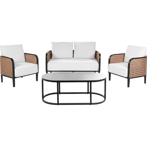 Beliani Garden Sofa Set Black Aluminium Frame Off-White Water Repellent Fabric Cushions 2 Seater Set with Coffee Table and Armchairs Material:Aluminium Size:xx