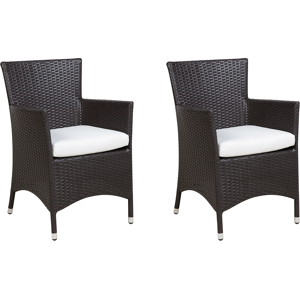 Beliani Set of 2 Garden Dining Chairs Brown Faux Rattan White Cushions Material:PE Rattan Size:52x86x52