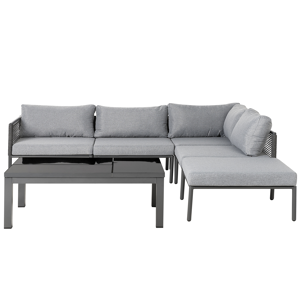Beliani Garden Corner Sofa Set Black Aluminium Frame Grey Cushions 6 Seater Lift Top Coffee Table Glossy Finish Outdoor Material:Aluminium Size:xx