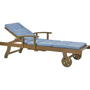 Beliani Garden Sun Lounger Dark Acacia Wood Natural with Blue Cushion Adjustable Backrest Inbuilt Castors Rustic Traditional Style Material:Acacia Wood Size:196x35-74x64