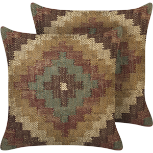 Beliani Set of 2 Scatter Cushions Multicolour Jute and Wool 45 x 45 cm Oriental Pattern Kilim Style Washed Colurs Material:Jute Size:45x10x45