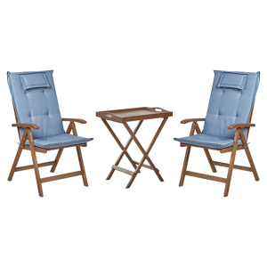Beliani Garden Bistro Set Dark Solid Acacia Wood with Blue Cushions Table 2 Chairs Adjustable Backrest Folding Rustic Style Balcony Furniture Material:Acacia Wood Size:xx