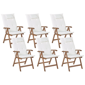 Beliani Set of 6 Garden Chair Dark Acacia Wood Natural with Off-White Cushions Adjustable Foldable Outdoor with Armrests Country Rustic Style Material:Acacia Wood Size:69x105x54