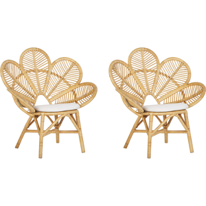 Beliani Set of 2 Peacock Chairs Beige Rattan Cotton Seat Pads Garden Outdoor Indoor Boho Material:Rattan Size:68x107x95