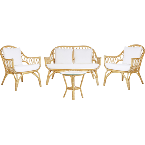 Beliani 4 Seater Garden Sofa Set Beige Rattan Sofa 2 Armchairs and Round Coffee Table Glass Top Material:Rattan Size:xx