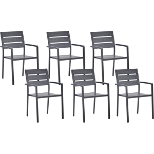 Beliani Set of 6 Dining Garden Chairs Black Plastic Wood Slatted Back Aluminium Frame Outdoor Chairs Set Material:Plastic Wood Size:57x88x54