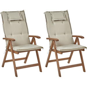 Beliani Set of 2 Garden Chair Dark Acacia Wood Natural with Taupe Cushions Adjustable Foldable Outdoor with Armrests Country Rustic Style Material:Acacia Wood Size:69x105x54