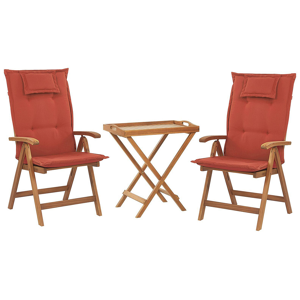 Beliani Garden Bistro Set Acacia Wood Table 2 Chairs with Red Cushions UV Resistant Foldable Material:Acacia Wood Size:xx