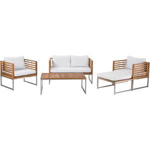 Beliani Garden Sofa Set Acacia Wood White Cushions 4 Seater Slatted Design Outdoor Conversation Set Material:Acacia Wood Size:xx