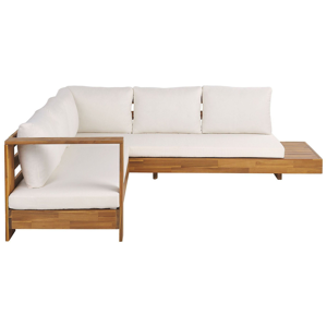 Beliani Outdoor Corner Sofa Set Light Acacia Wood with White Cushions Right Hand 5 Seater Lounge Set with Side Table Material:Acacia Wood Size:212x64x225