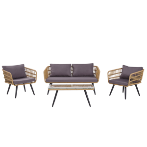 Beliani Garden Conversation Sofa Set Beige Faux Rattan with Grey Cushions and Tempered Glass Coffee Table Steel Legs Rustic Material:PE Rattan Size:xx