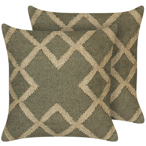 Beliani Set of 2 Scatter Cushions Green and Beige Jute and Wool 45 x 45 cm Geometric Pattern Faded Colours Material:Jute Size:45x10x45