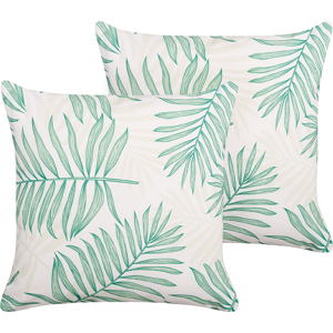 Beliani Set of 2 Garden Cushions Beige and Green Polyester Palm Leaf Motif Pattern 45 x 45 cm Modern Outdoor Decoration Water Resistant Material:Polyester Size:45x10x45