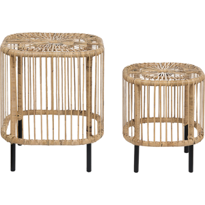 Beliani Set of 2 Rattan Garden Coffee Tables Natural Rattan Powder Coated UV Weather Stain Resistant Handmade Indoor Outdoor Living Room Terrace Patio Boho Style Material:Rattan Size:xx