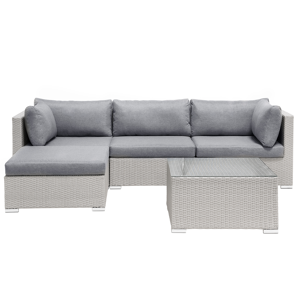 Beliani 2 Piece Garden Sofa Set Beige w/ Grey Cushions 5 Seater Right Hand Corner Coffee Table  Material:PE Rattan Size:xx