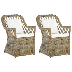 Beliani Set of 2 Garden Armchairs Natural Rattan with Cotton Seat Back Cushions Off-White Indoor Outdoor Material:Rattan Size:70x90x60