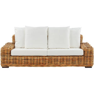 Beliani Garden Sofa Natural Rattan Outdoor 3 Seater with Off-White Cushions Wicker Traditional Boho Living Room Material:Rattan Size:94x67x218