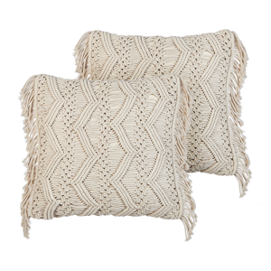 Beliani Set of 2 Decorative Cushions Light Beige Cotton Macramé 45 x 45 cm with Tassels Rope Boho Retro Decor Accessories Material:Cotton Size:45x10x45