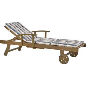 Beliani Garden Sun Lounger Dark Acacia Wood Natural with Striped Blue Cushion Adjustable Backrest Inbuilt Castors Rustic Traditional Style Material:Acacia Wood Size:196x35-74x64