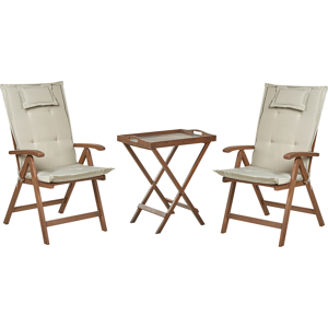 Beliani Garden Bistro Set Dark Solid Acacia Wood with Taupe Cushions Table 2 Chairs Adjustable Backrest Folding Rustic Style Balcony Furniture Material:Acacia Wood Size:xx