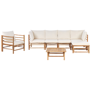 Beliani Garden Modular Corner Sofa Set Off-White Bamboo Cushions 5 Seater with Armchair and Coffee Table Boho Design Outdoor Conversation Set Material:Bamboo Wood Size:xx