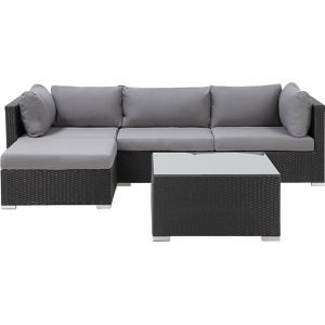 Beliani 2 Piece Garden Sofa Set Black w/ Grey Cushions 5 Seater Right Hand Corner Coffee Table Material:PE Rattan Size:xx